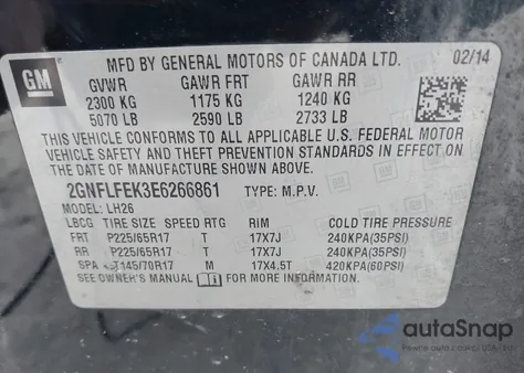 2014 Chevrolet Equinox 1Lt из США, поврежденный, VIN 2GNFLFEK3E6266861